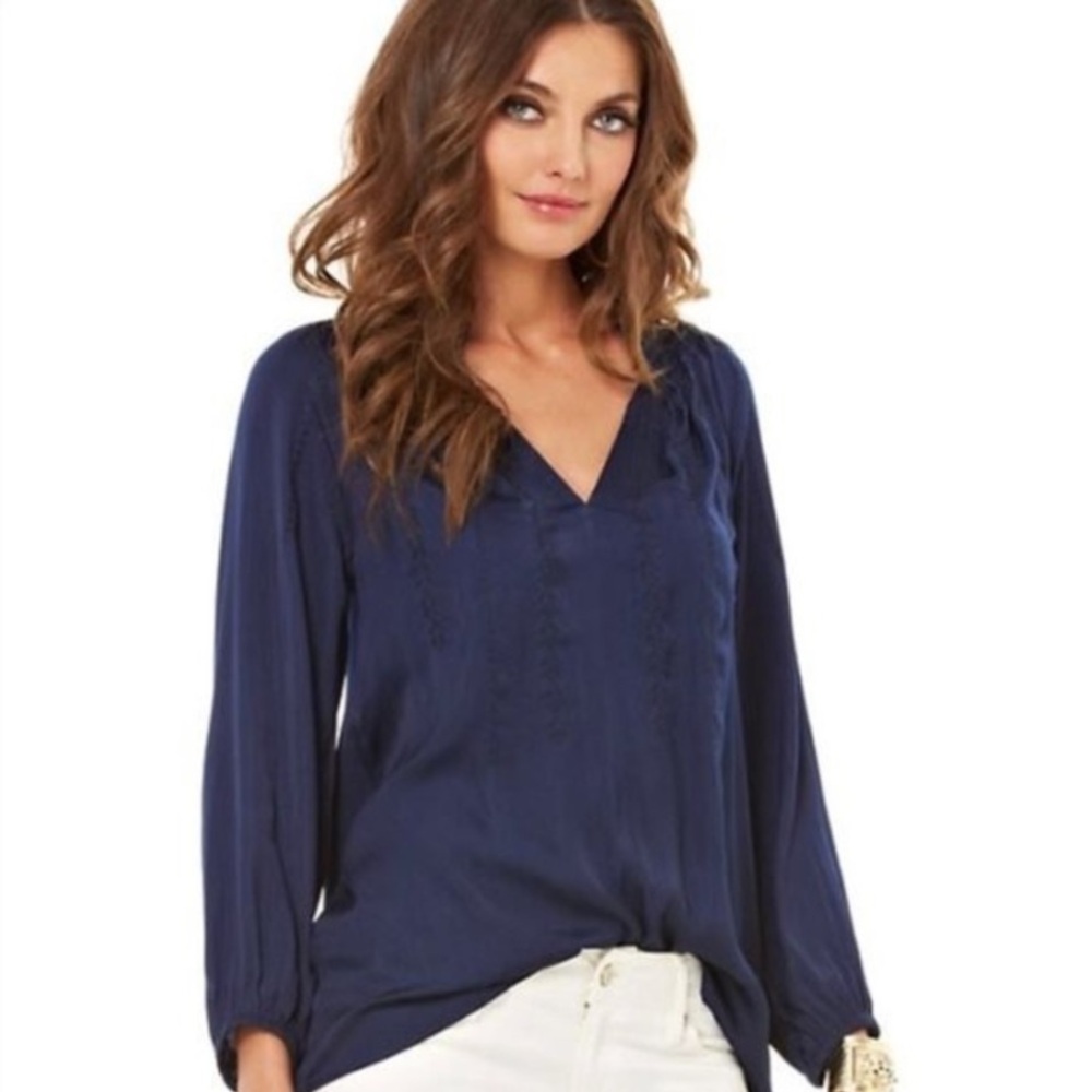 Lilly Pulitzer Navy Blue Embroidered Hollis Tunic Long Sleeve‎ Blouse Size S